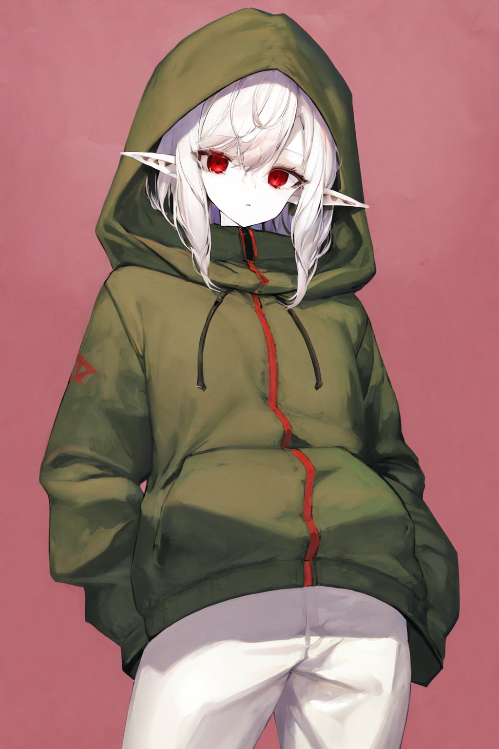 00243-1264649142-, cowboy shot, solo, 1girl, pale skin, pointy ears, expressionless, looking at viewer, white hair, hood up, red eyes, jacket, ca.jpg